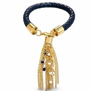 Navy Blue Braided Cord Bracelet Gold Tone Chain Tassel White Beads 7 Inches